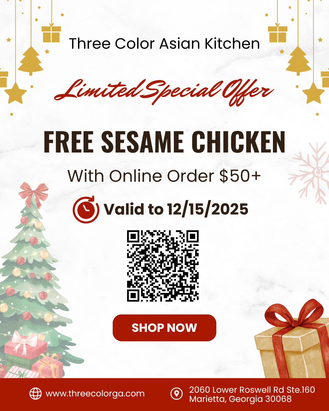 Crab N Go Seafood Promotion **Title**: Three Color Asian Kitchen Holiday Special: Free Sesame Chicken with $50+ Online Order (Valid to 12/15/2025)
**Alt**: Holiday-themed promo for Three Color Asian Kitchen (Marietta, GA): Free Sesame Chicken on $50+ online orders (valid 12/15/2025). Includes QR code,